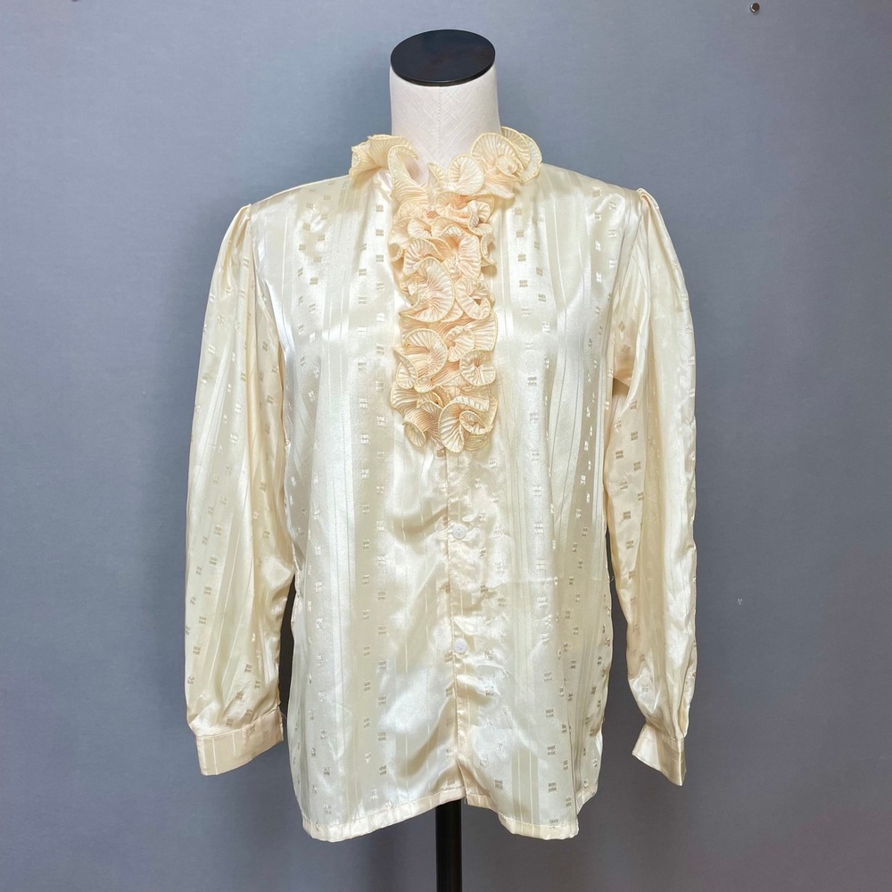 Vintage Ruffled Collar Blouse Cream Satin Top FLAWS Long Sleeve Button Up Drama